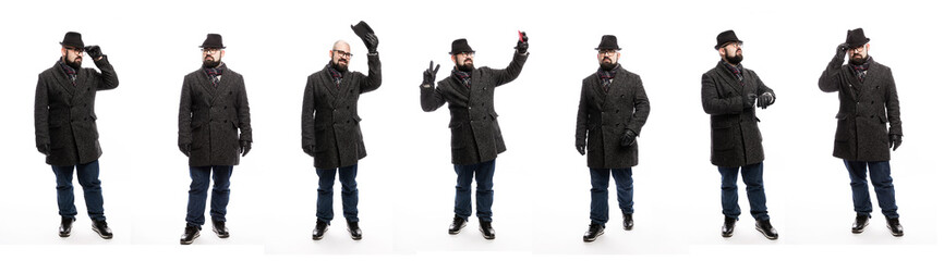 Set of images of an elegant man in a hat and coat. Full height. White background. Collage.