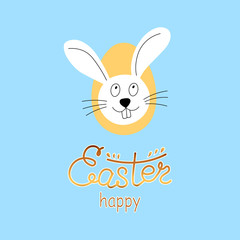 White cute Easter bunny and egg isolated on blue background. Golden lettering Happy Easter. Design for card, postcard, wallpaper, posters. Vector stock illustration. Cartoon style.