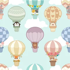 Foto op Plexiglas Dieren onderweg Het naadloze patroon van heteluchtballon met dieren in de lucht en de wolken. Het karakter van schattige kat, pinguïn, beer, egel, muis, vos, konijn, eekhoorn in de mand. Het dier in platte vectorstijl