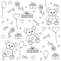 Holiday gifts seamless pattern: teddy bear, balloons, boxes, hearts and a flower. Hand-drawn outline background for valentines day and birthday. Doodle sketch style. Stock vector illustration.