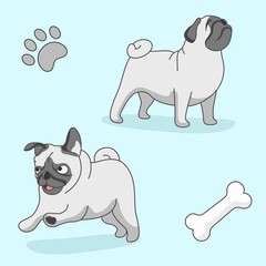 Funny pug in different poses. Vector illustration in flat style.