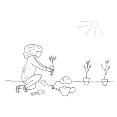 The farmer plants plants in the garden. Spring. Line art. Vector illustration.