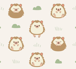The seamless pattern of cute hedgehog and grass in the garden. The pattern of hedgehog and bush and little grass on the soft yellow background. The character of hedgehog in flat vector style.