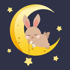 The character of cute rabbit sleepping with The moon and star on the dark blue background. The cute rabbit holding a rope with a star. good night and have a good dream.