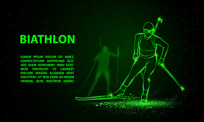 Fototapeta na wymiar Biathlon winter sport banner. Biathlon girl and other athlete behind skiing. Front view vector green neon biathlon racing illustration.