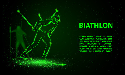 Biathlon winter sport banner. Biathlon man and other athlete behind skiing. Side view vector green neon biathlon racing illustration.
