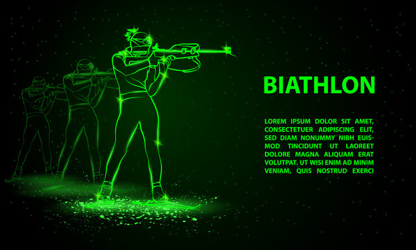 Biathlon winter sport banner. Biathlon girl and other athlete behind shooting in the stand position.
