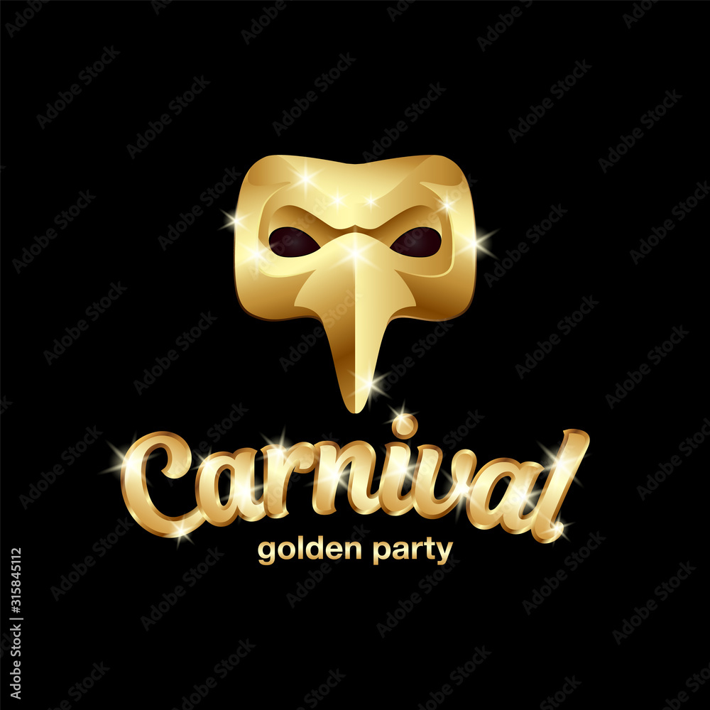 Wall mural Carnival golden mask logo with lettering. 3D vector gold plague doctor mask on a black background.