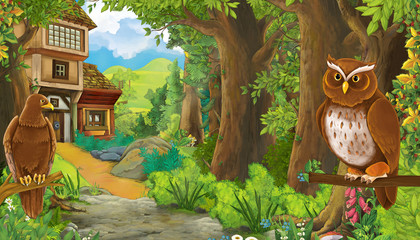 funny cartoon summer scene with eagle bird with path in the forest - illustration for children