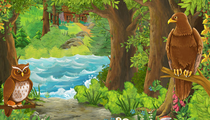 funny cartoon summer scene with eagle bird with path in the forest - illustration for children