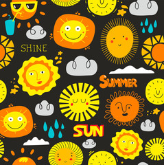 Seamless sun pattern with lettering and cartoon characters on dark background.