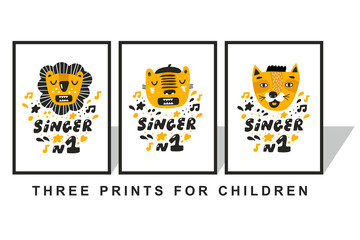 Set of children prints with tropical animals with opened mouth.