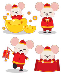 The collection of mouse in chinese new year theme set. The mouse wear chinese outfit with money and cracker and paper. The character of cute mouse in flat vector style.