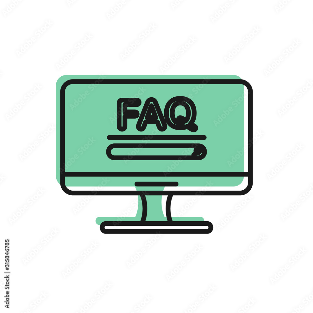 Fototapete Black line Computer monitor with text FAQ information icon isolated on white background. Frequently asked questions. Vector Illustration