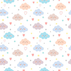 The seamless pattern of cloud and heart and star on the white background. The pattern of cloud. The pattern of heart. The pattern of star. The cute cloud in flat vector style.