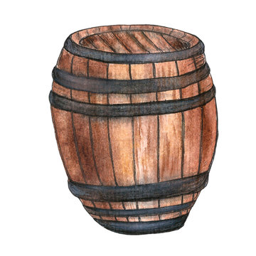 Hand drawn watercolor beer or wine barrel isolated on white background.   Vintage  illustration for bar, poster, menu, invitation to party, price list. Book picture