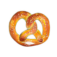 Hand drawn watercolor pretzel isolated on white background. Vintage vector illustration for bakery poster, menu, price list, print. Book picture. 