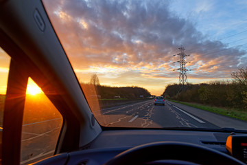 Sunrise in french highway.. Ile de France country