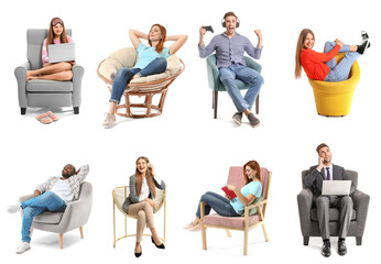 Obraz premium Collage with different people sitting in armchairs on white background