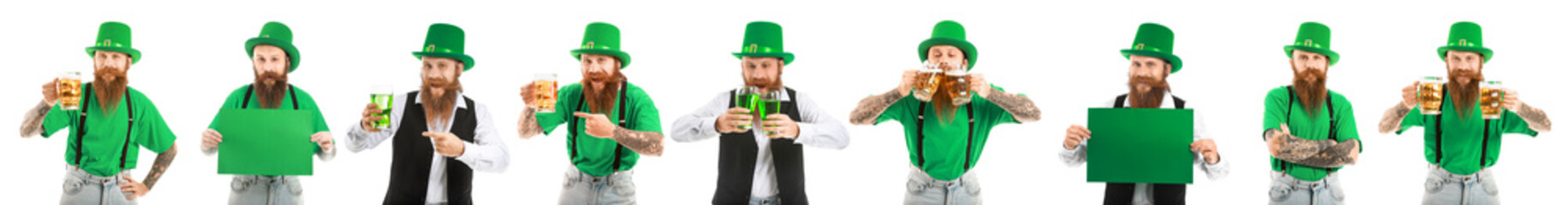 Collage with bearded man on white background. St. Patrick's Day celebration