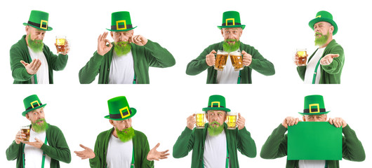 Fototapeta premium Collage with funny mature man on white background. St. Patrick's Day celebration