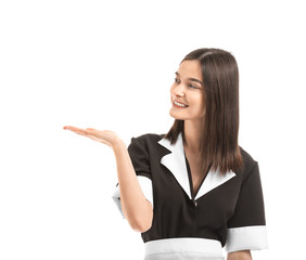 Portrait of beautiful chambermaid on white background