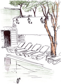 black and white graphic drawing of sunbeds and trees by the pool