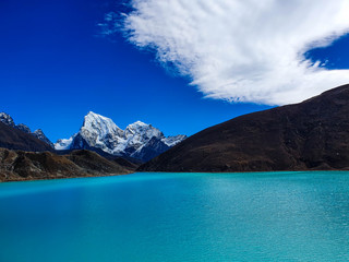 Everest base camp trek itinerary: Gokyo village, Solokhumbu, Nepal. Picturesque view on famous Dudh Pokhari or Gokyo lake with marvellous turquoise water. Cholatse peak.