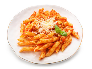 Plate with tasty pasta and tomato sauce on white background