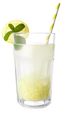 Glass of tasty ginger lemonade on white background