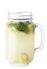 Mason jar of tasty ginger lemonade on white background