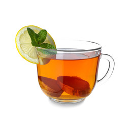 Cup of tasty ginger tea on white background