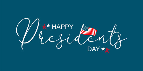 Happy Presidents Day greeting card, sale flyer, banner, poster with american flag with stars and ribbon.  Presidents day holiday in USA.  Patriotic calligraphy on blue background. Vector illustration