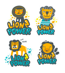Set of cute lions hand drawn in children style.