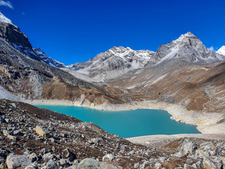 Ngozumpa Tsho, the fifth Gokyo lake., hills and snow-capped mountains. Sunny day and marvellous...
