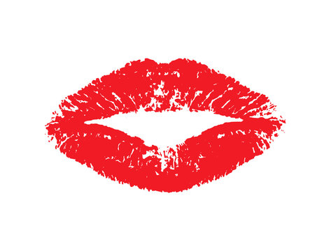 Imprint red lips. Lipstick red print isolated on white background. Imprint pomade. Beautiful kiss for design. Pink lips makeup. Female mouth for prints. Decorative element . Vector illustration 