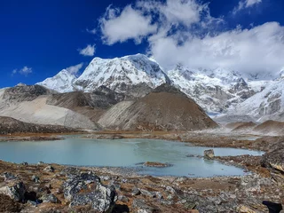 Acrylic prints Cho Oyu Gyozumpha Tsho, the sixth Gokyo lake., and Cho Oyu at the background. Snow-capped mountains. Sunny day and marvellous blue sky. Gokyo lakes and Cho Oyu base camp trek, Solokhumbu, Nepal.