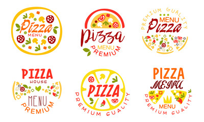 Pizza Premium Quality Menu Labels Collection, Fast Food Restaurant, Cafe, House Bright Badges Vector Illustration