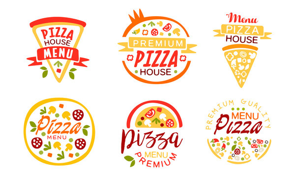 Pizza House Premium Quality Menu Labels Collection, Fast Food Restaurant, Cafe Bright Badges Vector Illustration