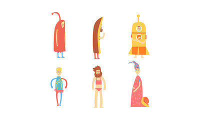 Fototapeta premium Freak Men in Funny Costumes Collection, Freaky Masquerade or Carnival Costume, Creative Crazy Party Vector Illustration