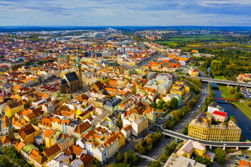 Aerial landscape of czech town of Pilsen with old historical houses in fall day