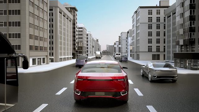 A car driving in the city road and stopping at a crossroad. 4k animation.