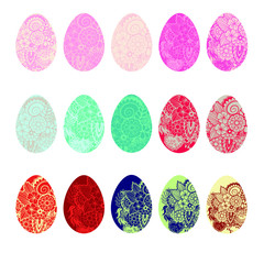 Happy easter. Set of colorful easter eggs with vintage floral pattern isolated on a white background