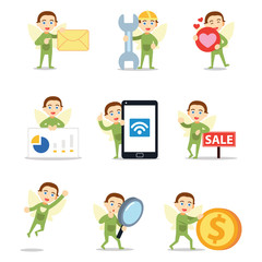 Set of character fairy male flying with a wing.