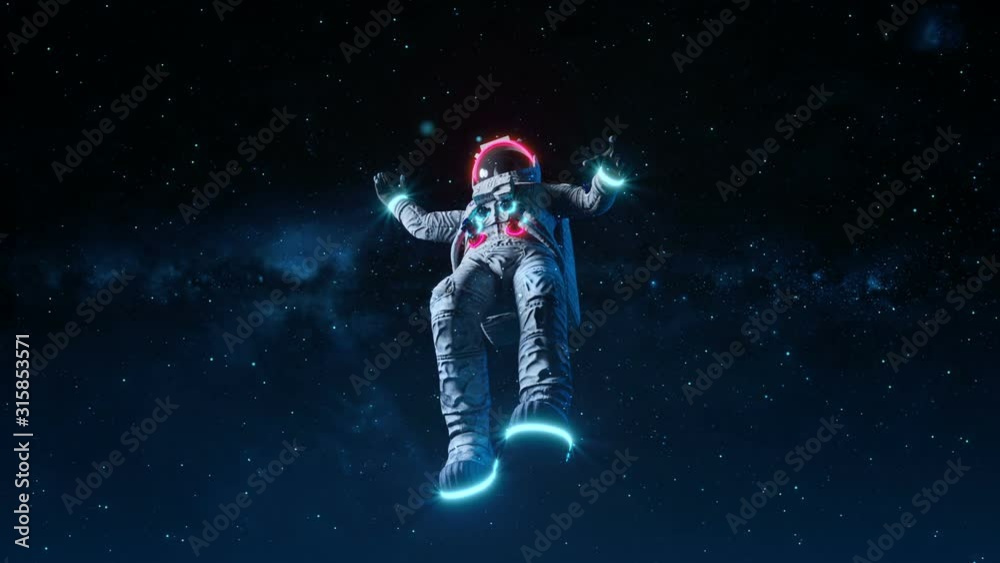 Wall mural astronaut with neon lights flies into infinite space. space background. seamless loop