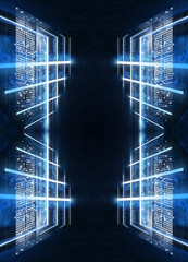Background of empty show scene. Empty dark modern abstract neon background. Glow of neon lights on an empty stage, diodes, rays and lines. Lights of the night city.