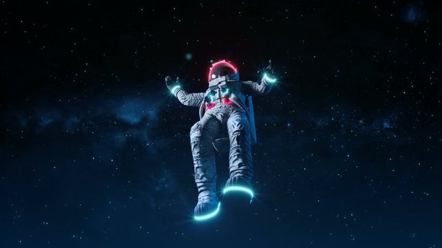 Astronaut With Neon Lights Flies Into Infinite Space. Space Background. Seamless Loop