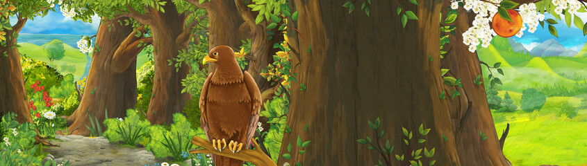 funny cartoon summer scene with eagle bird with meadow in the forest illustration for children