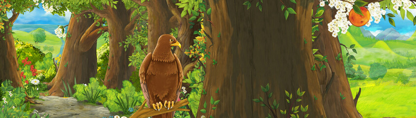 funny cartoon scene with eagle bird in the forest with hidden entrance illustration for children