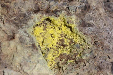Macrophoto of crystal of  brimstone. Stefanos crater is one of crater in Greece Nisyros.